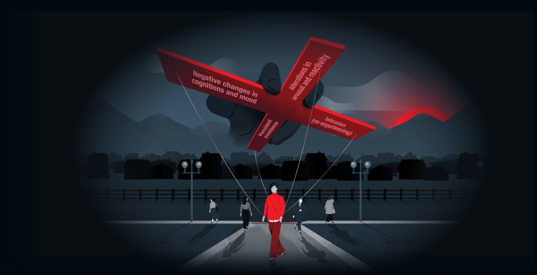 Man crossing street with large manipulator looming above tethering him to PTSD symptoms