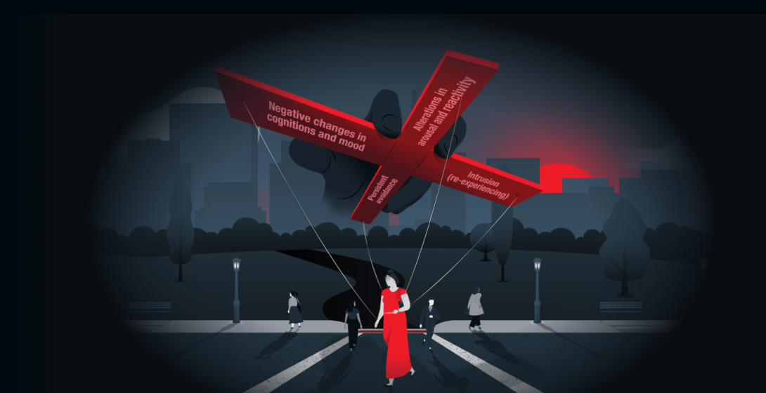 Woman crossing street with large manipulator looming above tethering her to PTSD symptoms