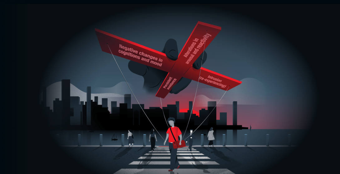 Man crossing street with large manipulator looming above tethering him to PTSD symptoms