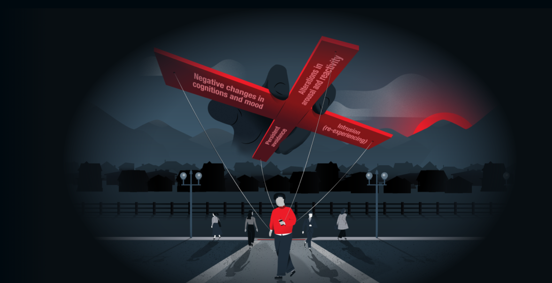 Man crossing street with large manipulator looming above tethering him to PTSD symptoms