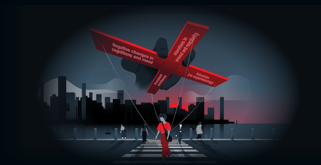 Woman crossing street with large manipulator looming above tethering her to PTSD symptoms