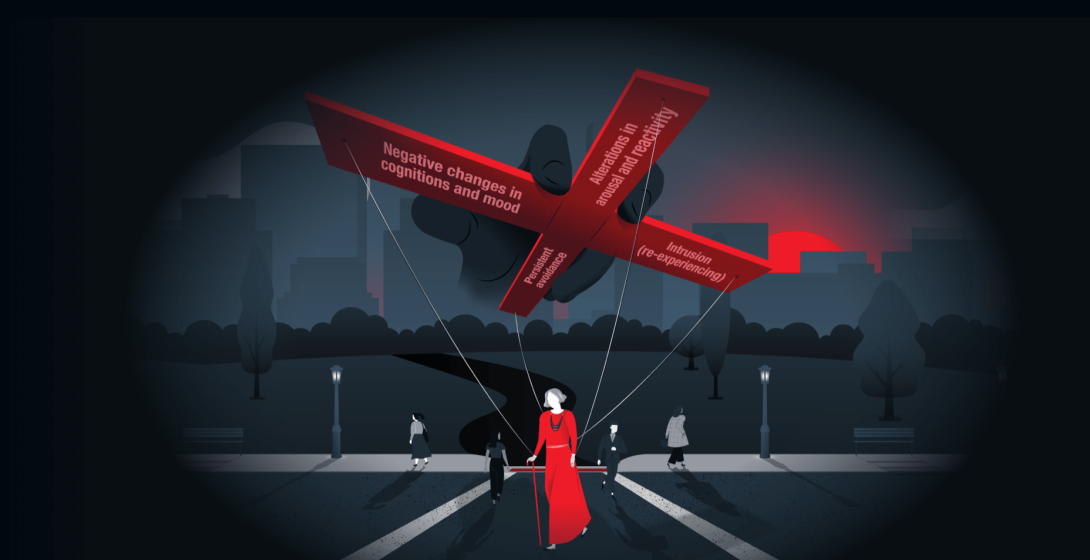 Woman crossing street with large manipulator looming above tethering her to PTSD symptoms