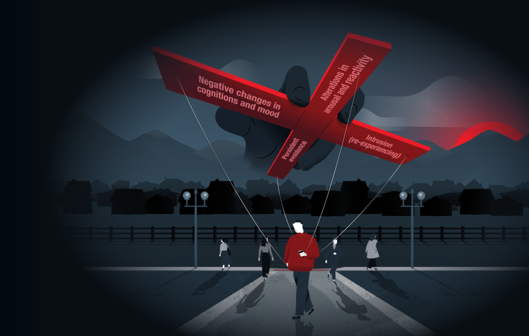 Man crossing street with large manipulator looming above tethering him to PTSD symptoms