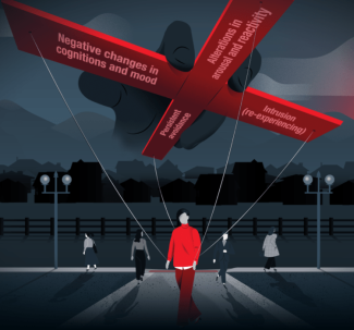 Man crossing street with large manipulator looming above tethering him to PTSD symptoms