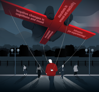 Man crossing street with large manipulator looming above tethering him to PTSD symptoms