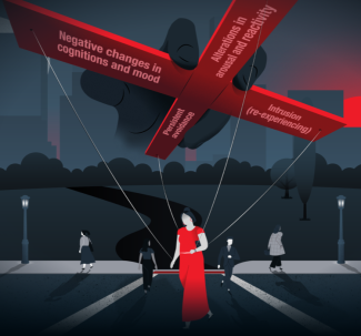Woman crossing street with large manipulator looming above tethering her to PTSD symptoms