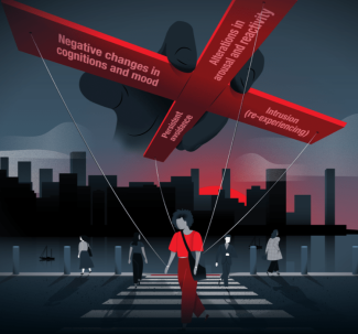 Woman crossing street with large manipulator looming above tethering her to PTSD symptoms