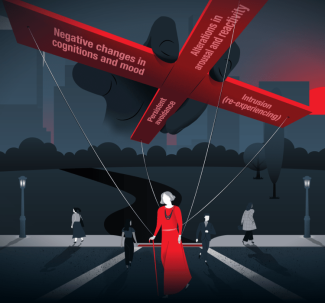 Woman crossing street with large manipulator looming above tethering her to PTSD symptoms